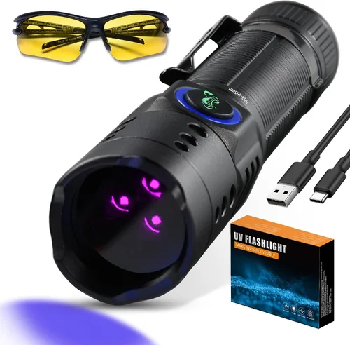 DARKBEAM Linterna de Luz UV de 365nm Luz Negra, Mini Linternas de Luz Negra de 20W con 3 LED Recargables Lámpara Woods para Orina de Mascotas, Fugas