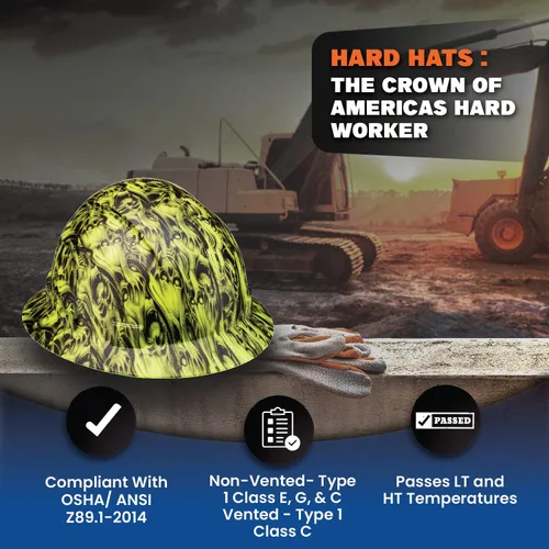 Miniatura 5 de Casco de construcción OSHA de ala completa con diseño de tatuaje/calavera, acabado mate, con suspensión de 6 puntos Three Wise Skulls Hi-Vis