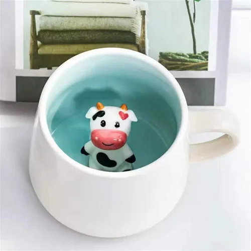 Taza de café sorpresa 3D con diseño de animales en el interior, de 12 onzas con vaca bebé, bonita taza de cerámica hecha a mano de dibujos animados,