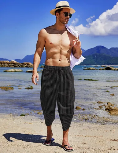 Miniatura 2 de COOFANDY Pantalones capri harén de lino para hombre, ligeros, sueltos, 34, con cordón elástico, cintura elástica, pantalones casuales para yoga