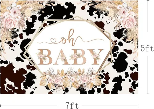 Miniatura 3 de MEHOFOND Telón de fondo bohemio de vaca Oh Baby para niñas, baby shower, rosa rubor, floral, primera vaca santa, hierba de las pampas, estampado