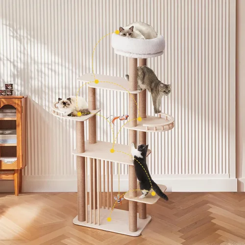 Miniatura 6 de Árbol grande para gatos de 68 pulgadas, torre para gatos de varios niveles de madera maciza con postes rascadores, juguetes divertidos y plataforma