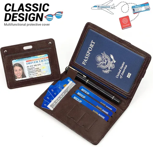 Miniatura 2 de YINHEXI Funda para pasaporte y funda para tarjeta de vacunación, funda para pasaporte con bloqueo RFID de cuero para mujeres y hombres, organizador