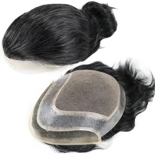 Miniatura 3 de HAPPY&CC Pelucas de repuesto de cabello para hombres y hombres, sistema de cabello humano tipo tupé, línea capilar natural, mono fino con postizo