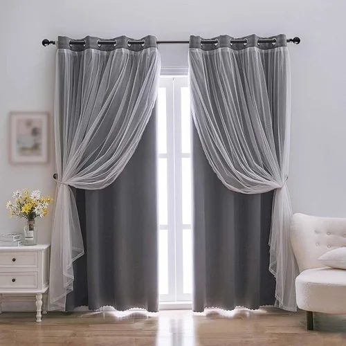 Miniatura 13 de indistar Cortinas Oscuras para el Hogar de Doble Capa con Capa Sólida y Transparente, Par de Paneles de Cortina con Ojales en la Parte Superior, 52