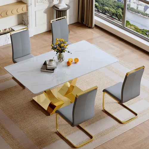 Miniatura 42 de Juego de mesa de comedor para 4, mesa de comedor de mármol sintético de 63 pulgadas con patas y base de acero inoxidable, sillas acolchadas