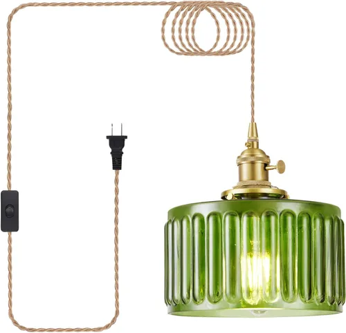 Miniatura 14 de Lámpara colgante enchufable, luces colgantes con cable enchufable, lámpara colgante con vidrio verde, iluminación colgante E26 para isla de cocina