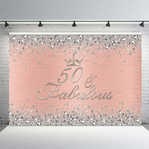 Miniatura 6 de MEHOFOND Telón de fondo de feliz cumpleaños 50 para mujer, decoración de fiesta de cumpleaños número 50, pancarta de diamantes, rosa y oro rosa, Oro
