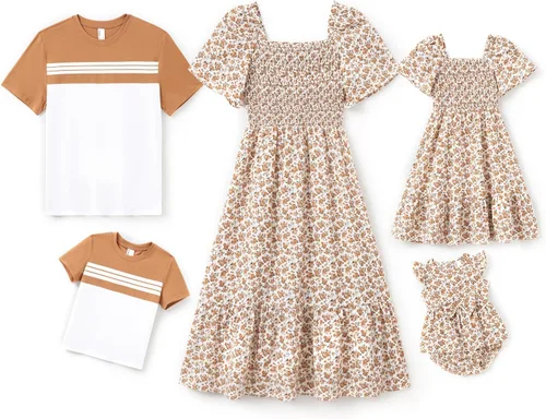 PATPAT - Conjunto a juego para toda la familia, con estampado floral bohemio, cuello cuadrado, mangas abullonadas, vestido blusón y camisetas de