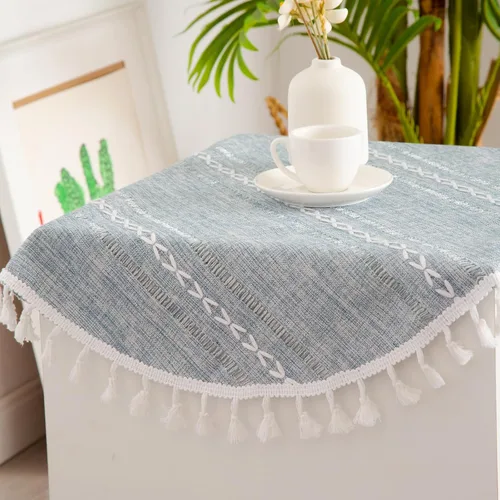 Miniatura 2 de Mantel Redondo Pequeño de Lino Rústico para Mesita de Noche con Rayas Bordadas Lavable Azul Cubierta de Mesa Estilo Granja con Puntadas y Borlas