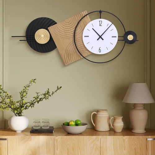 Miniatura 17 de Reloj de pared Anmotpe moderno, operado con batería, grandes relojes negros de metal y madera, estilo retro, reloj de pared grande de metal