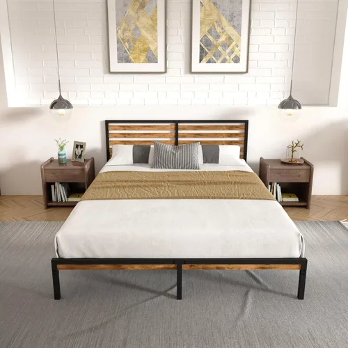 Miniatura 9 de Marco de cama individual combinado de madera y metal con cabecero, plataforma estable con soporte de listones de acero, cama doble, no necesita
