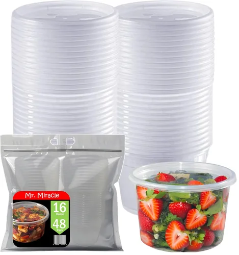 Miniatura 12 de Mr Miracle Recipientes de 8 onzas con tapas, paquete de 48 unidades de plástico transparente hermético, reutilizable, para alimentos y multiusos