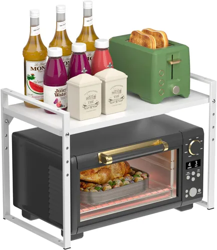 Estante de horno de microondas expandible de 2 niveles, altura ajustable, resistente, tostadora de microondas, soporte de encimera, estante de Blanco
