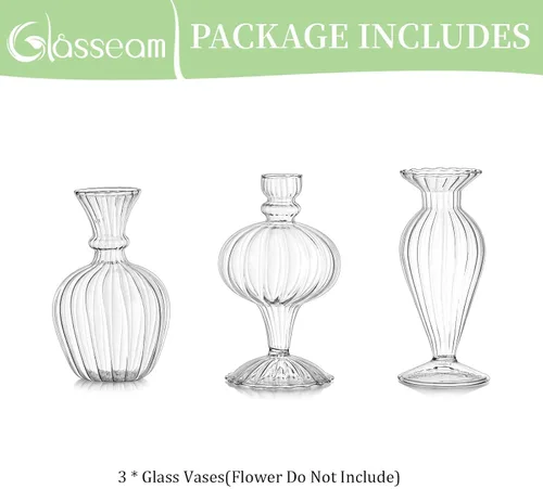 Miniatura 9 de Glasseam Jarrones pequeños de cristal: juego de 3 jarrones transparentes acanalados para flores de rosas individuales, mini centros de mesa modernos