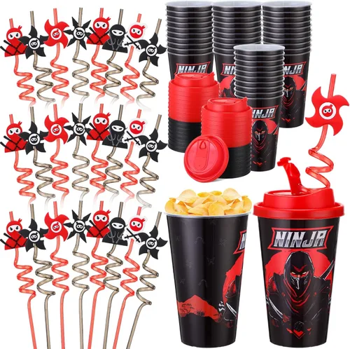 Miniatura 26 de Yungyan 16 juegos de tazas de golosinas con tapas y pajitas para decoraciones de cumpleaños, reutilizables, 16 onzas, vasos de plástico para dulces