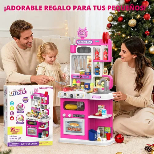 Miniatura 7 de Juego de cocina para niños, cocina de juego de 36.22 pulgadas para niños pequeños de 1 a 3 años con vapor, sonido y luz, estufa de cocina