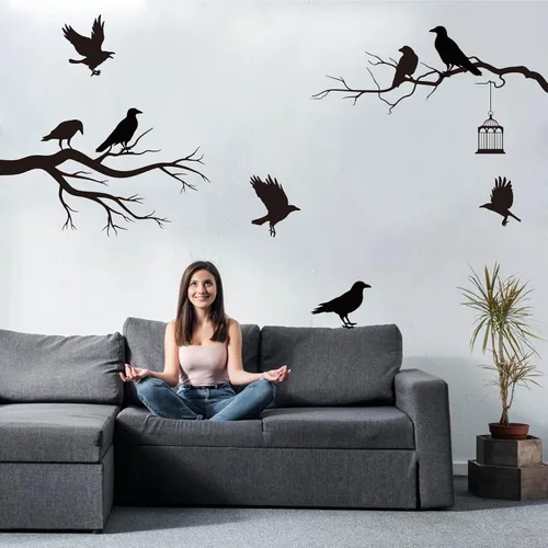 Miniatura 4 de SUPERDANT Adhesivo de pared de cuervo gótico, calcomanías de pared de ramas de árbol, pájaros negros, decoración de arte para familia, hogar, sala