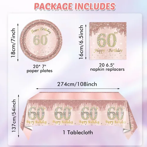 Miniatura 2 de 41 piezas de decoración de cumpleaños número 60 para mujeres, oro rosa, suministros de cumpleaños de sesenta años, platos, servilletas, mantel, 60