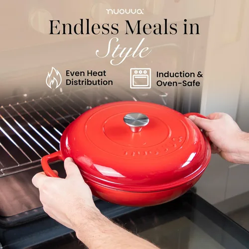 Miniatura 4 de Cacerola poco profunda de hierro fundido con tapa – Olla de horno holandés antiadherente, apta para horno hasta 500° F – Ollas de cocina resistentes