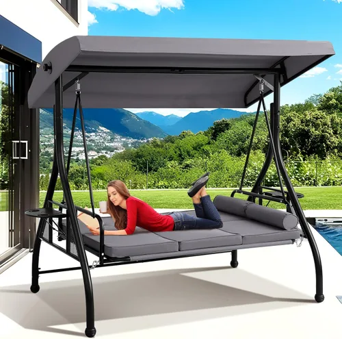 Grepatio Columpio de porche para exteriores de 3 asientos con toldo ajustable, cama columpio convertible para 3 personas con soporte, columpio de