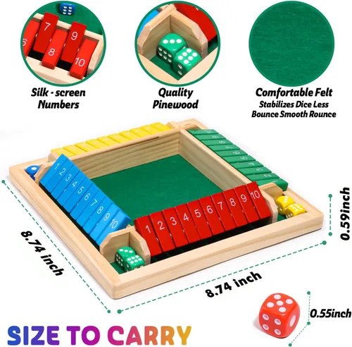 Miniatura 6 de AICase Juego de dados Shut The Box, juego de pilas de colores, edición familiar, relleno de cesta de Pascua, 2-4 jugadores, mesa de madera