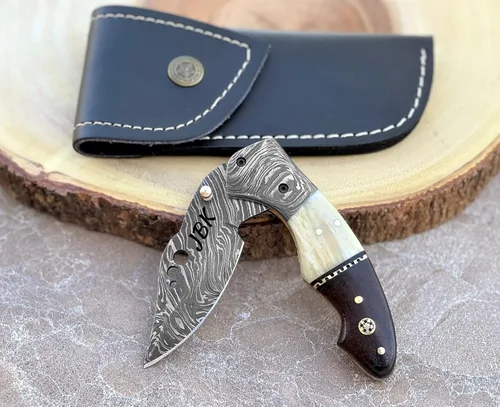 Miniatura 3 de Cuchillo de bolsillo de acero de Damasco para hombres con funda de cuero, cuchillos de caza plegables hechos a mano de 7 pulgadas, con asa, cuchillo