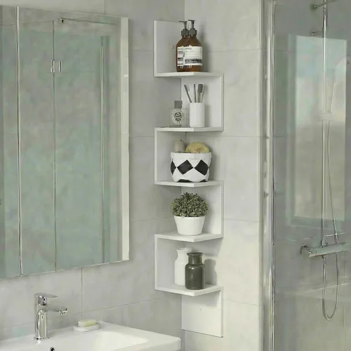 Miniatura 7 de Furinno Rossi - Estantes flotantes de esquina para pared, estante de pared cuadrado de esquina de 5 niveles, estante flotante radial en forma de S
