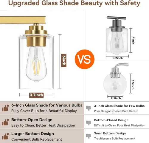 Miniatura 4 de Lámparas de baño de 3 luces, 19 pulgadas, modernas luces de tocador sobre espejo con pantallas de vidrio transparente, accesorio de luz dorada