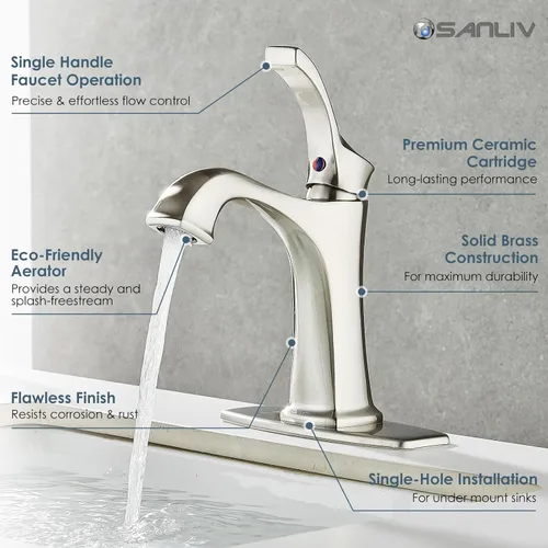 Miniatura 5 de Grifo de Baño de Níquel Cepillado, Grifo de Lavabo de Baño Centerset de Una Sola Manija Sanliv con Desagüe Pop-Up y Placa de Cubierta