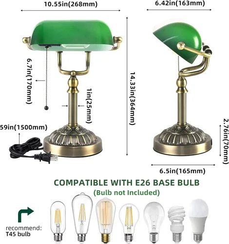 Miniatura 6 de Bankers - Lámpara de escritorio con puerto de carga USB-A, lámparas de escritorio vintage con cadena de tracción de vidrio verde, lámpara