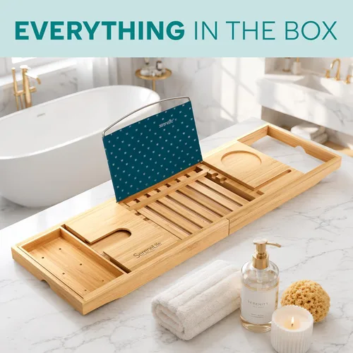 Miniatura 7 de SereneLife SLBCAD20 - Bandeja de bambú de lujo para bañera, organizador ajustable de madera natural para bañera con soporte para vino, colocación