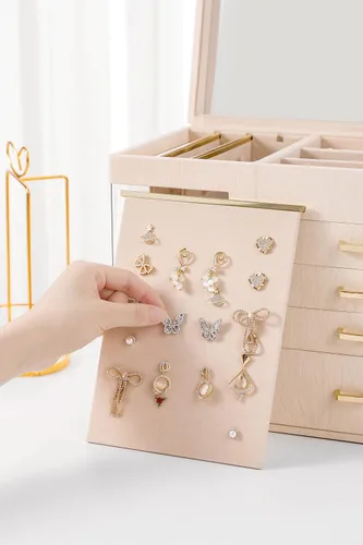 Miniatura 6 de GUKA Joyero organizador con espejo, caja de joyería de 5 capas con 4 cajones para collares, pulseras, reloj, anillos y aretes, almacenamiento grande