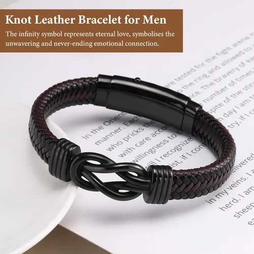 Miniatura 2 de MEALGUET Men's Bracelets Gifts for Men - Brown Braided Leather Infinity Knot Bracelets Engraved Love Massage for Son Man Husband Boyfriend, Mens