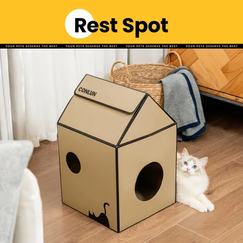 Miniatura 4 de Conlun Casa de cartón para gatos con almohadilla para rascar y hierba gatera, casa rascador para juegos de gatos para muebles de interior, rascador