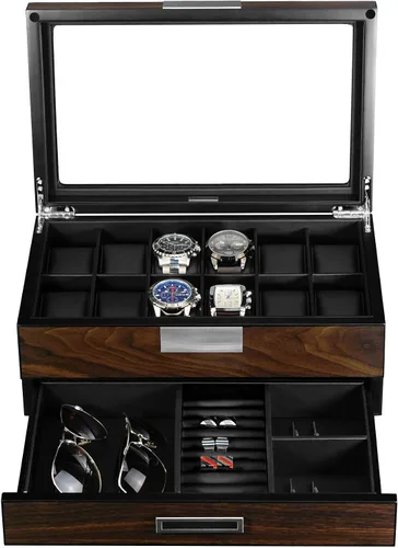 Miniatura 3 de Lifomenz Co Caja de reloj de madera para hombre organizador de joyas con cajón de valet 12 ranuras para reloj organizador de accesorios para hombre