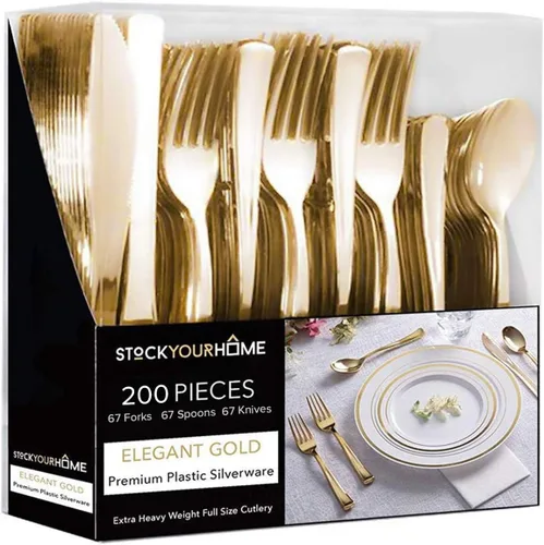 Miniatura 10 de Juego de cubiertos de plástico resistente (dorado) de 75 piezas, juego de cubiertos desechables, ideal para fiestas, bodas y catering, cubiertos