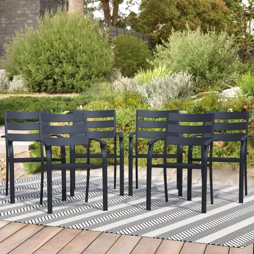 Miniatura 12 de Juego de 2 sillas de comedor para patio, sillas de comedor apilables negras para exteriores, juego de muebles de patio de metal para jardín, patio