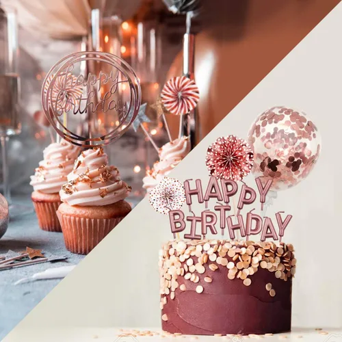 Miniatura 3 de MOVINPE Decoración de pastel de oro rosa con velas de feliz cumpleaños, pancarta de feliz cumpleaños, globos de confeti, abanicos de papel