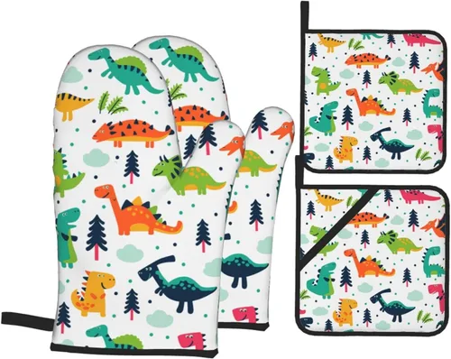 Juego de 4 manoplas de horno y agarraderas de dinosaurio Kawaii con diseño de dinosaurio, guantes resistentes al calor para cocina, hornear, asar a