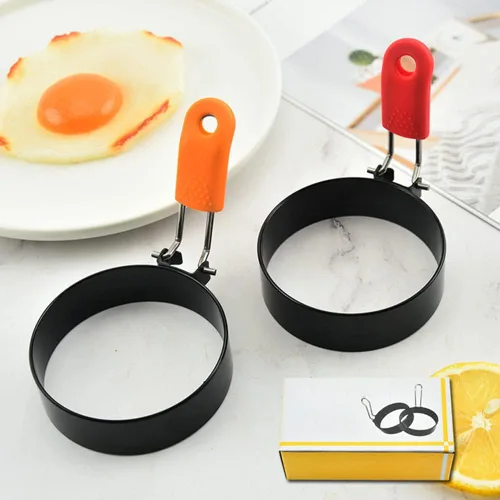 Miniatura 8 de Paquete de 4 anillos de huevo, herramienta de acero inoxidable antiadherentes para freír huevos con asas plegables y cepillo de aceite para cocinar