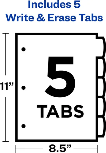Miniatura 4 de Avery Separadores de plástico duradero con pestañas grandes para escribir y borrar, juego de 5 pestañas para carpetas de 3 anillos, multicolor