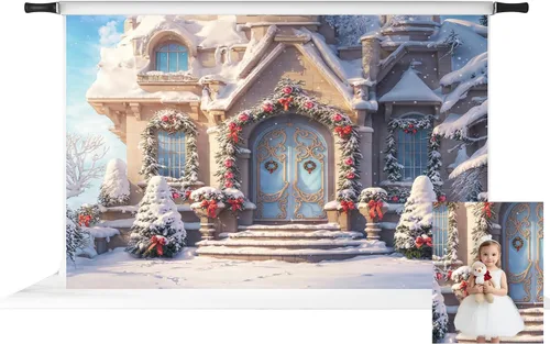 Miniatura 15 de Kate Telón de fondo de fotos de casa de campo de Navidad, fondo de puerta rosa, nieve blanca, árboles de Navidad, fondo de fotos, accesorios de 5