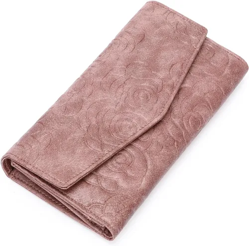 GOIACII Cartera de mujer con bloqueo RFID para tarjetas de crédito, monedero con cremallera y bolsillo para monedas, flor en relieve, color rosa