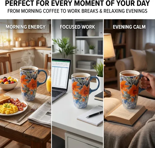 Miniatura 4 de Topadorn Taza de café de cerámica de 17 onzas con tapa y caja de regalo, taza de té de porcelana geométrica floral naranja acuarela, apta