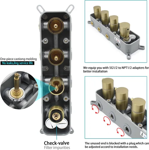 Miniatura 3 de Válvula mezcladora termostática de ducha con botón pulsador de 3 funciones de latón oculto control desviador para cabezal de ducha dorado cepillado