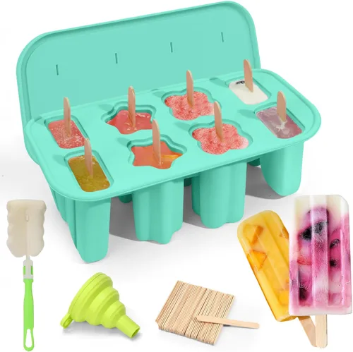 Miniatura 10 de Moldes de paletas de silicona, 8 cavidades con 50 palitos, molde para hacer paletas de hielo sin BPA con embudo y cepillo de limpieza para niños