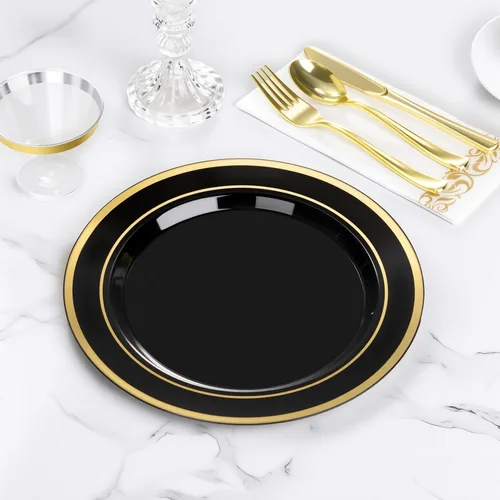 Miniatura 6 de BESTVIP 100 platos de plástico negro, platos desechables de 10.25 pulgadas para fiesta con borde dorado para Navidad, Acción de Gracias, platos