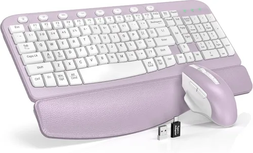 Miniatura 13 de Combo de teclado y mouse inalámbricos – Tecla de onda ergonómica, reposa muñecas de cuero suave incorporado, 2.4G de tamaño completo, 8 teclas