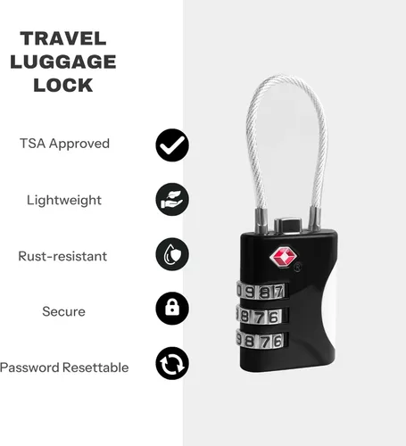 Miniatura 3 de Cerraduras TSA para equipaje, cerradura de combinación pequeña con cable, cerraduras de equipaje aprobadas por la TSA, cerradura combinada para Negro